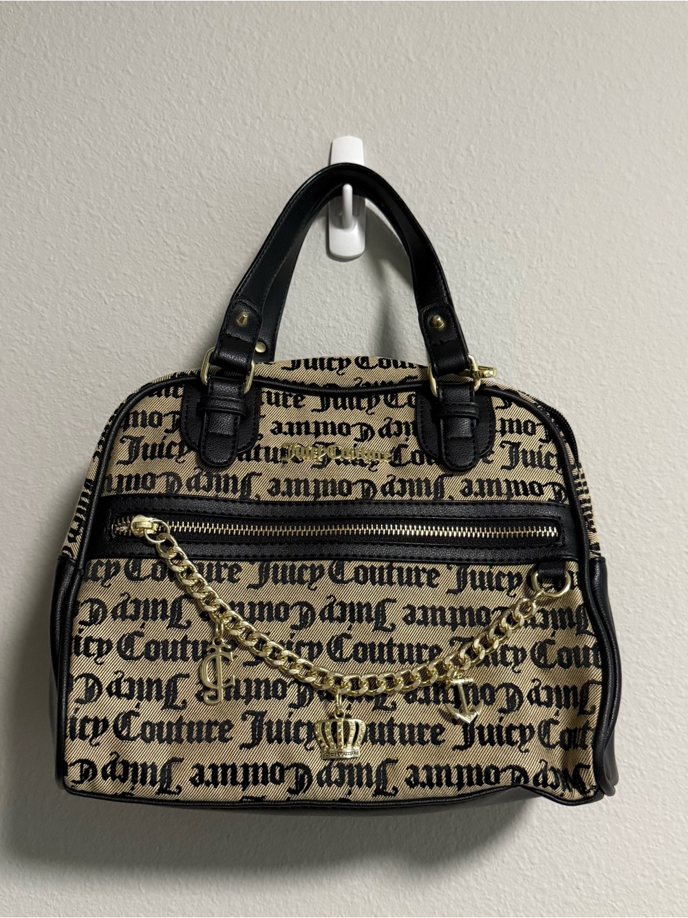 Juicy Couture Black & Beige Logo Chain-Accent Satchel